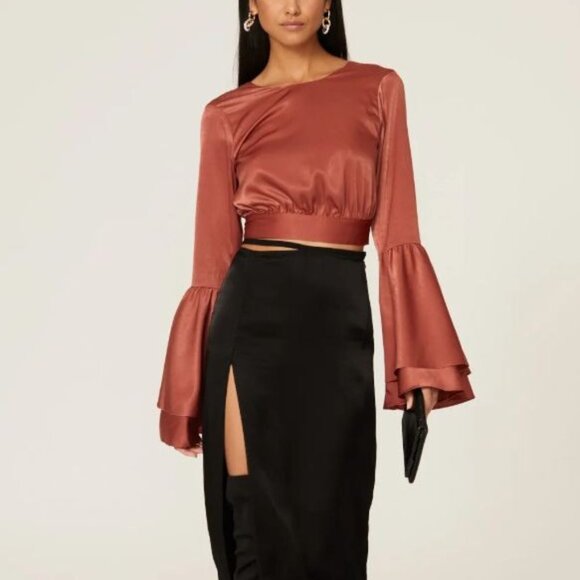 Louna Tops - Louna Burnt Orange Tie-Back Long Bell Sleeve Cropped Top,  L Polyester/Spandex/R